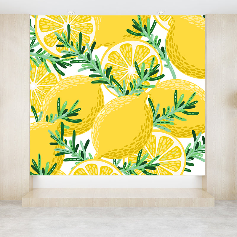 Non-Woven Decorative Wall Mural Modern Lemons and Leaves Wall Covering for Bathroom
