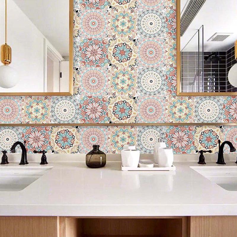 Pink Mandala Wallpaper Panel Set Peel and Stick Bohemian Style Washroom Wall Art