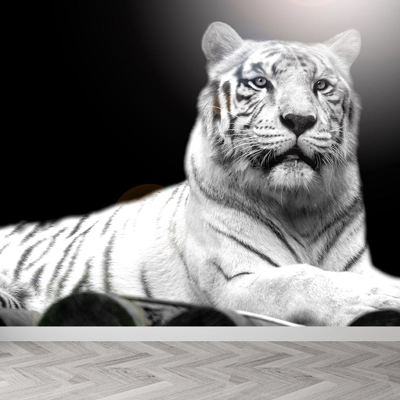 Peaceable Tiger Mural Wallpaper Black Contemporary Wall Covering for Living Room