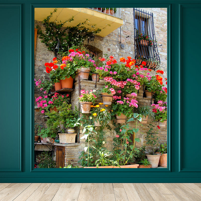 Contemporary Girls Mural Wallpaper Old Balcony and Colored Flowers Red Wall Covering