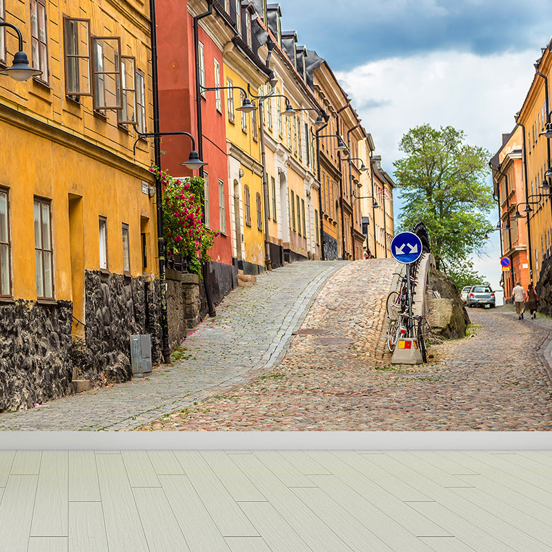 Photography Town Buildings Wall Mural for Living Room, Yellow, Custom Size Available