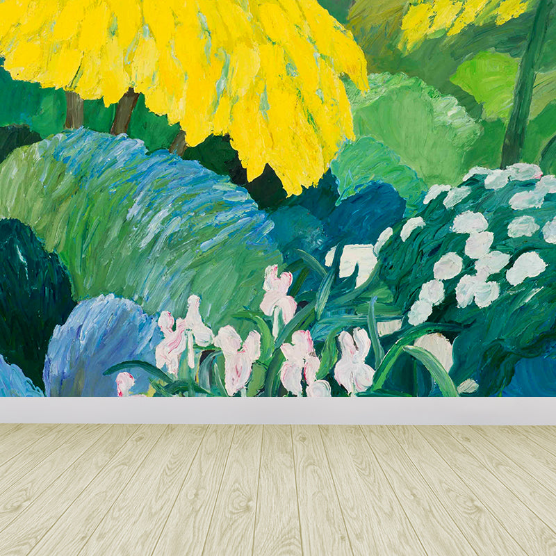Green Contemporary Art Wall Mural Huge Flowers and Trees Wall Decor for Living Room
