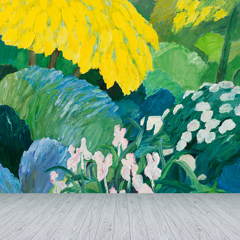 Green Contemporary Art Wall Mural Huge Flowers and Trees Wall Decor for Living Room