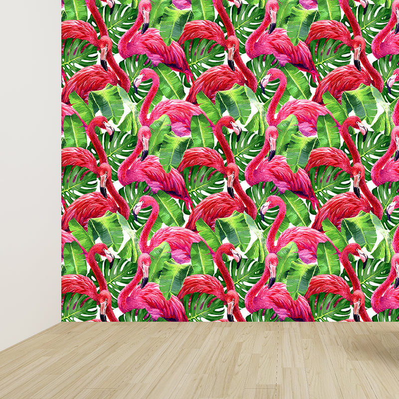 Flamingo and Leaves Wall Mural Tropical Decorative Girls Room Wall Covering, Custom