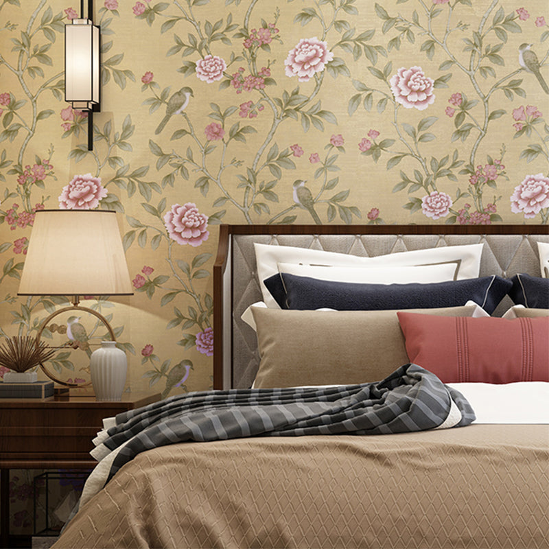 Bird and Blooming Peony Wallpaper Farmhouse Stain-Proof Bedroom Wall Art, 57.1-sq ft