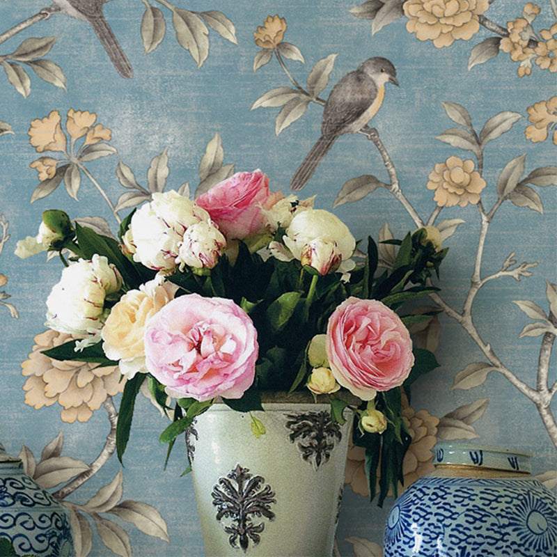 Bird and Blooming Peony Wallpaper Farmhouse Stain-Proof Bedroom Wall Art, 57.1-sq ft