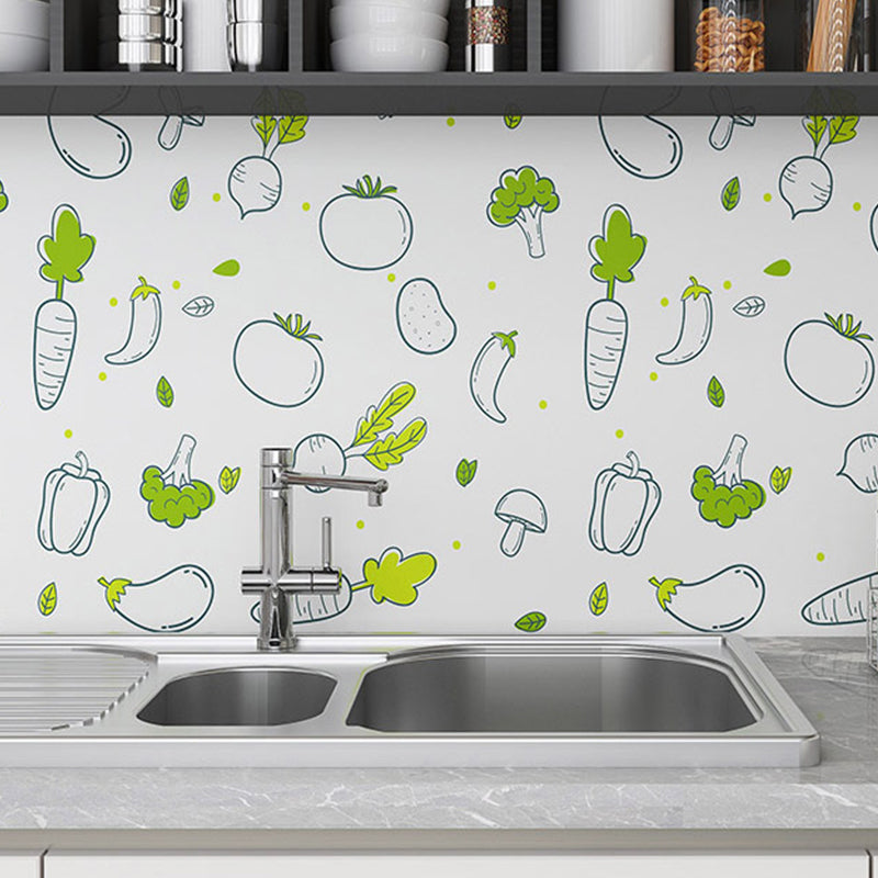 Green Vegetable Wallpaper Roll Peel and Paste Cartoon Kitchen Backsplash Wall Covering