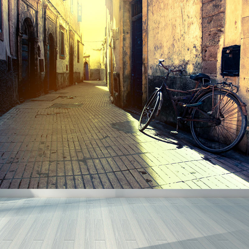 Light Yellow Contemporary Wall Mural Huge Bike and Houses Wall Decor for Living Room