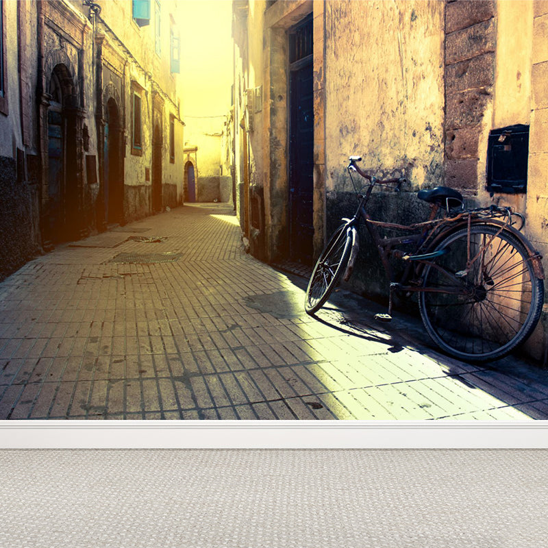 Light Yellow Contemporary Wall Mural Huge Bike and Houses Wall Decor for Living Room