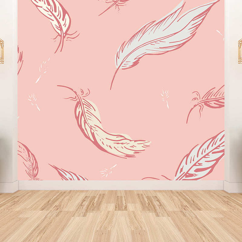 Nature Bird Feathers Mural Wallpaper Contemporary Non-Woven Wall Covering in Soft Color