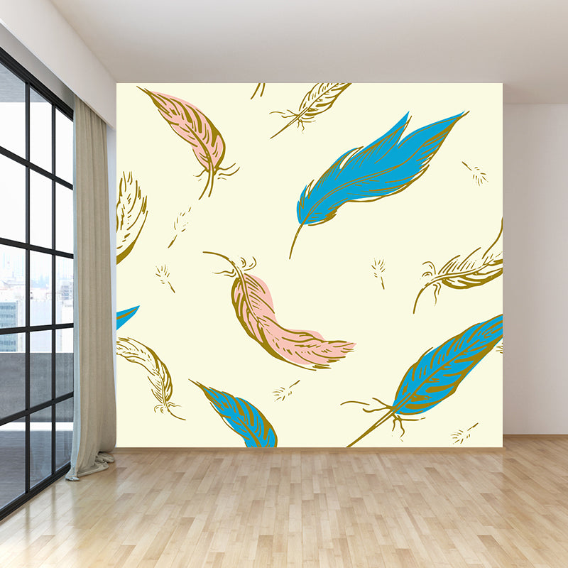 Nature Bird Feathers Mural Wallpaper Contemporary Non-Woven Wall Covering in Soft Color