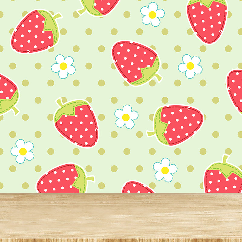 Illustration Strawberries Mural Decal for Living Room, Red, Custom Size Available