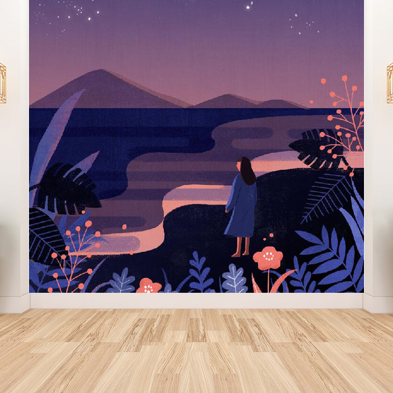 Starry Night Mural Decal Contemporary Non-Woven Textured Wall Covering in Purple