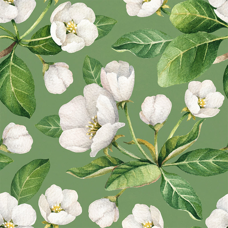 White Flower Pattern Wall Mural Moisture Resistant Tropical Living Room Wall Covering