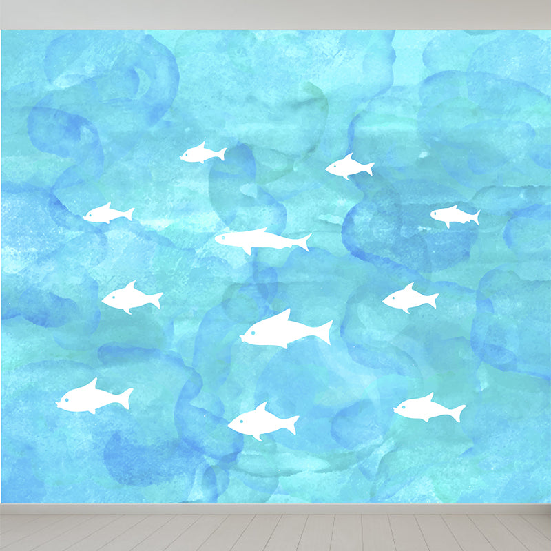 Modern Watercolor Sea Scene Mural Non-Woven Stain-Proof Light Color Wall Art for Living Room