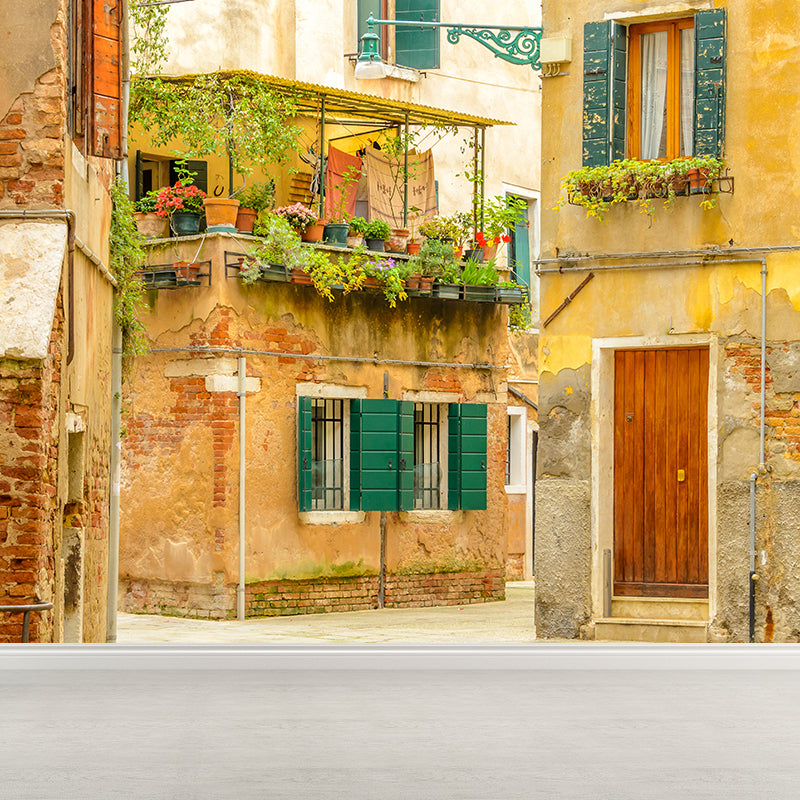 Tranquil Town Mural Decal Contemporary Non-Woven Textured Wall Covering in Yellow