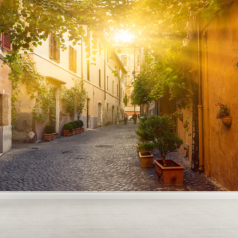 Stain Resistant Sunny Town Mural Non-Woven Texture Modern Wall Decor for Girls Room