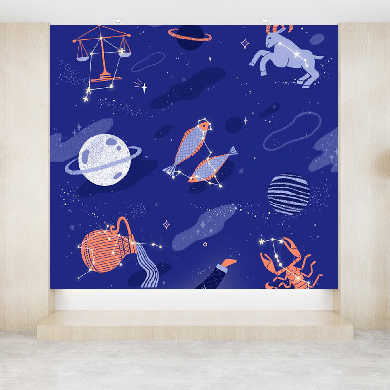 Contemporary Boy Mural Wallpaper Starry Night View and Planet Purple Wall Covering
