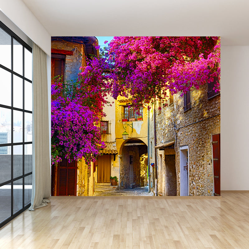 Yellow Flower and Town Mural Wallpaper Buildings Modern Washable Wall Covering for Kitchen