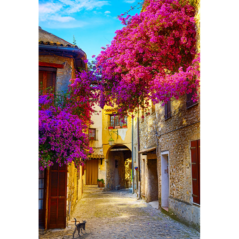 Yellow Flower and Town Mural Wallpaper Buildings Modern Washable Wall Covering for Kitchen