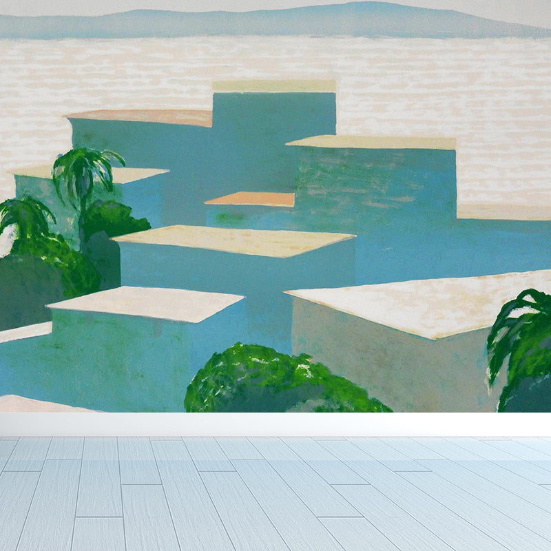 Non-Woven Fancy Mural Modern Aesthetics Riverside Building and Hill Wall Covering