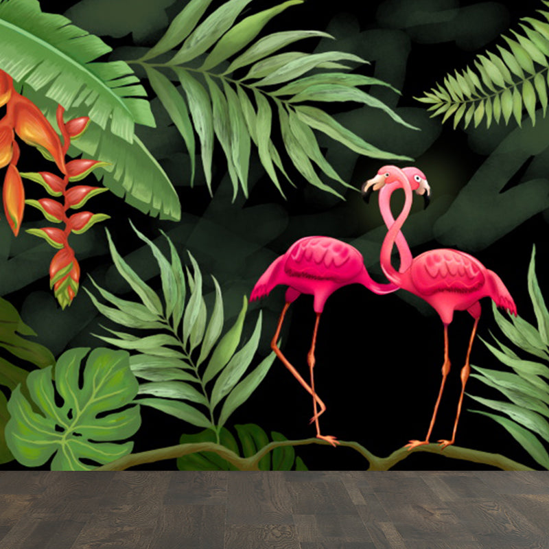 Green Flamingos Mural Wallpaper Wild Animals Tropical Stain Resistant Wall Covering