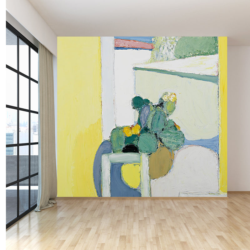 Illustration Style Pot Plant Mural Decal for Living Room, Yellow, Custom Size Available