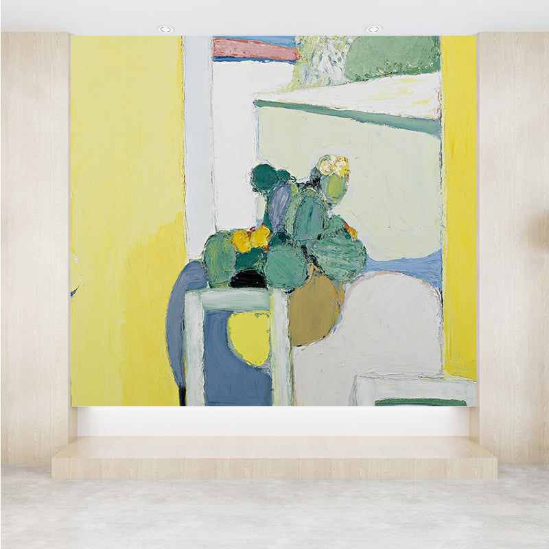 Illustration Style Pot Plant Mural Decal for Living Room, Yellow, Custom Size Available
