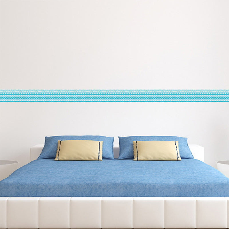 Simple Wave Pattern Wallpaper Border PVC Removable Blue Wall Covering for Bedroom