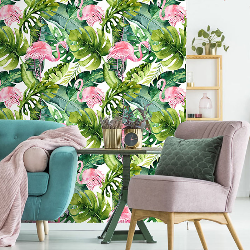 Green Plant Leaf Wallpaper Flamingo Tropical Peel and Stick Wall Art for Sitting Room