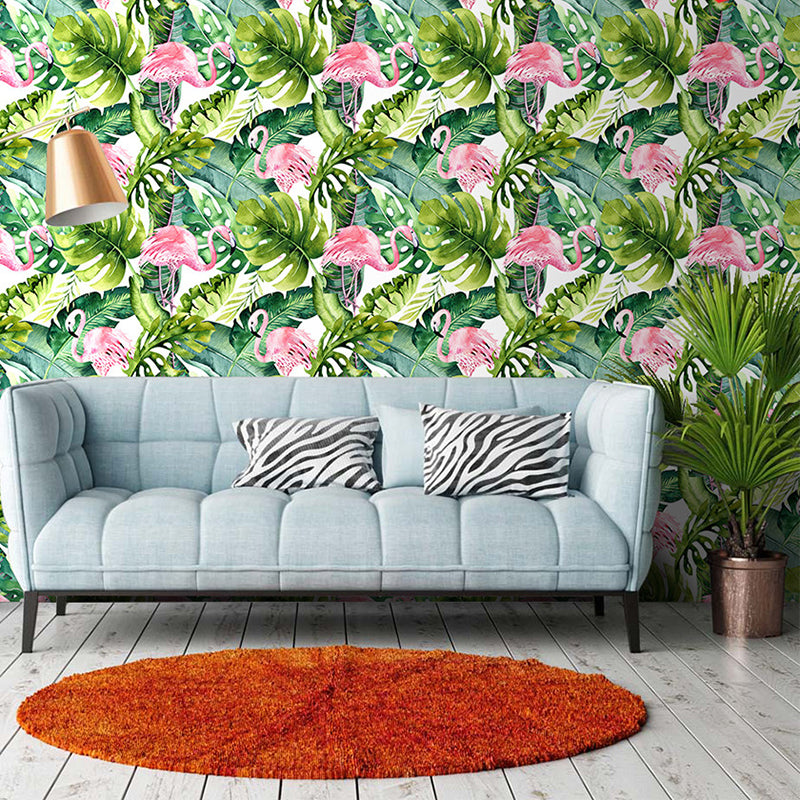Green Plant Leaf Wallpaper Flamingo Tropical Peel and Stick Wall Art for Sitting Room