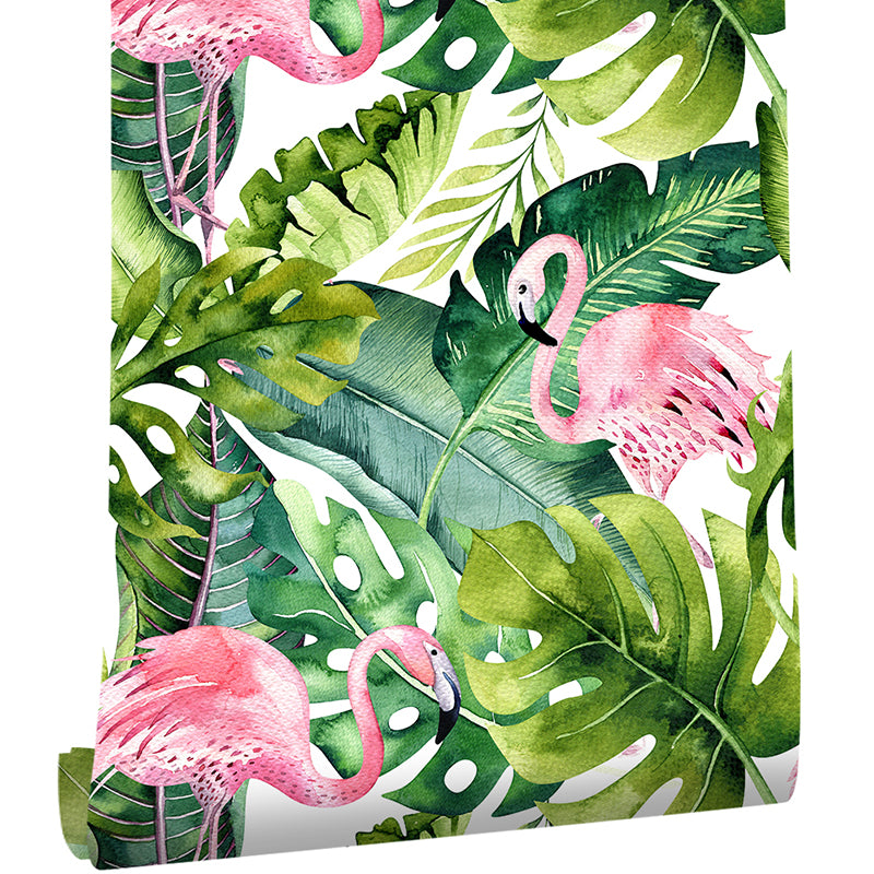 Green Plant Leaf Wallpaper Flamingo Tropical Peel and Stick Wall Art for Sitting Room
