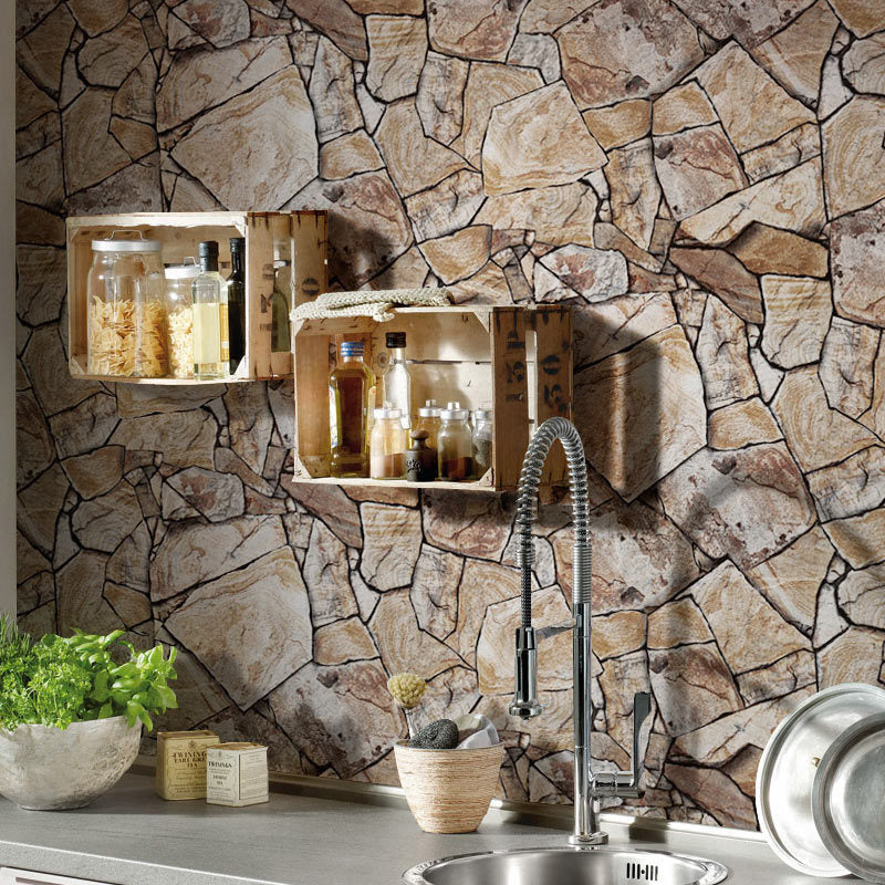 Industrial Stone Wallpaper Roll for Restaurant 33' x 17.5" Wall Covering in Brown, Self-Adhesive