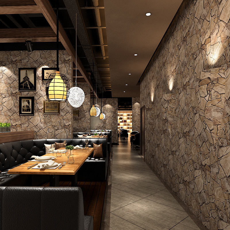 Industrial Stone Wallpaper Roll for Restaurant 33' x 17.5" Wall Covering in Brown, Self-Adhesive