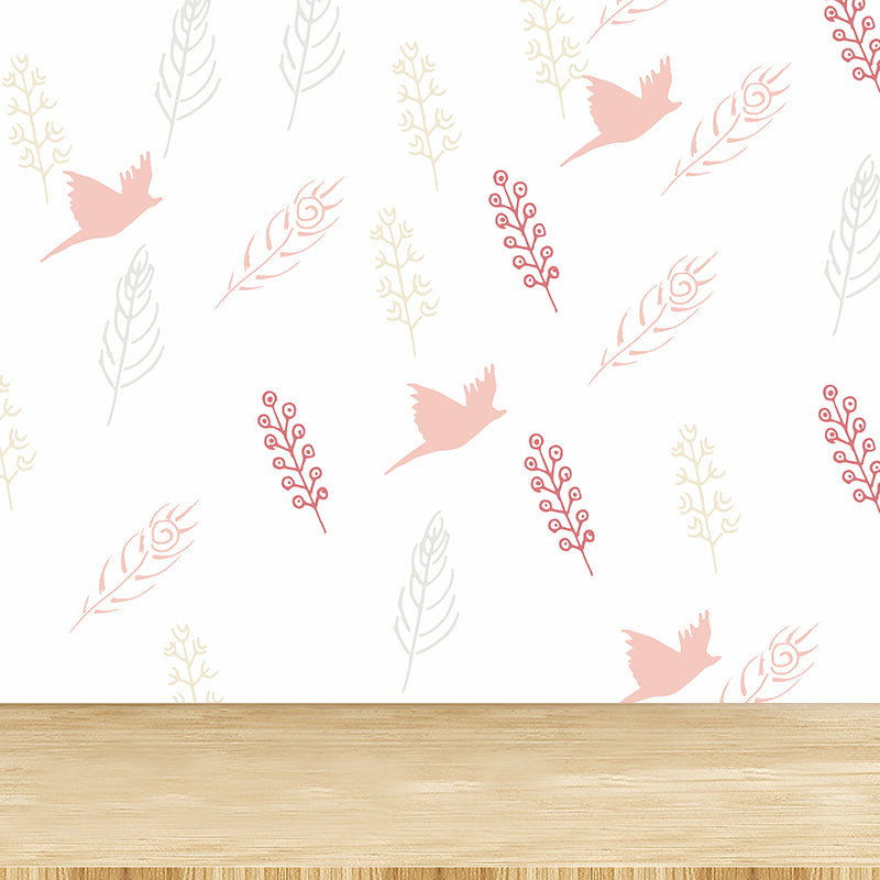 Giant Contemporary Wall Mural in Light Color Birds and Feathers Wall Decor, Custom Printed