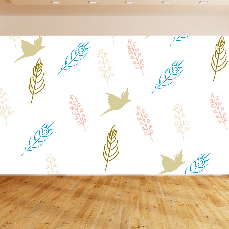 Giant Contemporary Wall Mural in Light Color Birds and Feathers Wall Decor, Custom Printed