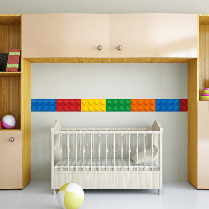 PVC Self-Stick Wallpaper Border Kids Style Building Blocks Wall Covering for Baby Room