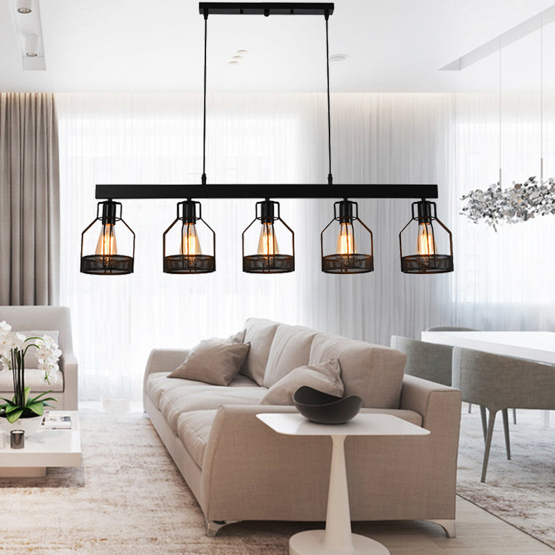 Wire Guard Metal Island Light Vintage Industrial 5 Lights Dining Room Linear Hanging Light Fixture in Black