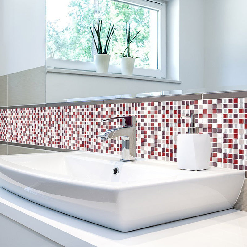 Brick Red Mosaic Tile Wallpaper Panel Set Removable Wall Art for Bathroom, Self-Stick
