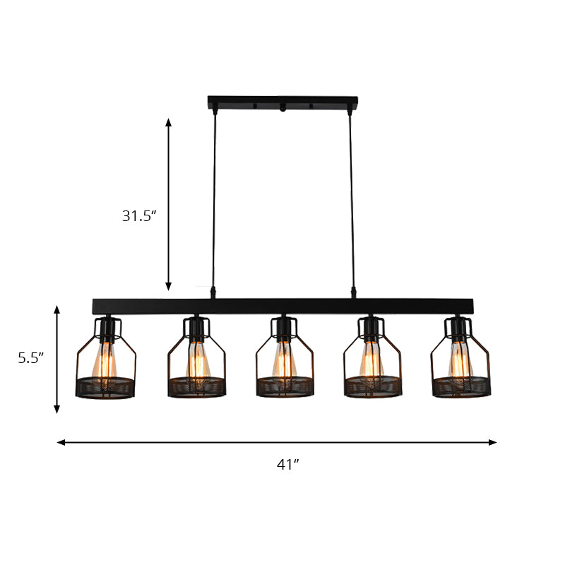 Wire Guard Metal Island Light Vintage Industrial 5 Lights Dining Room Linear Hanging Light Fixture in Black