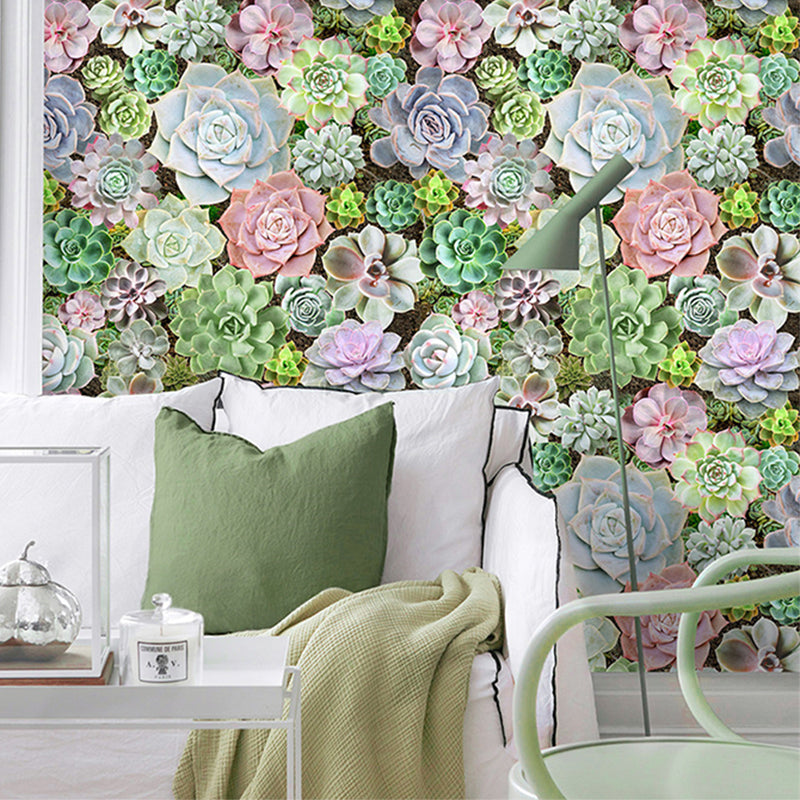 Green Succulents Blossom Wallpaper Bonsai Cottage Adhesive Wall Decor for Balcony