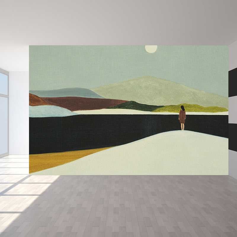 Modern Art Full Moon Mural Wallpaper for Boys Bedroom Full Size Wall Covering in Brown