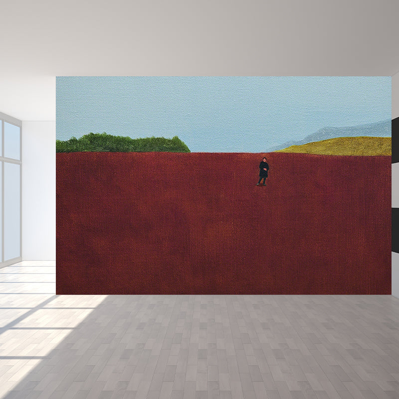 Modern Art Grassland Painting Mural Non-Woven Stain-Proof Red Wall Decor for Bedroom