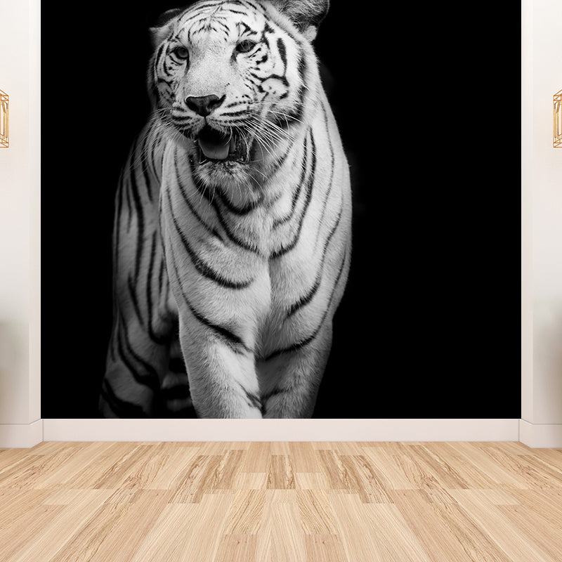 Wild Tiger Mural Wallpaper Contemporary Non-Woven Textured Wall Covering in Black