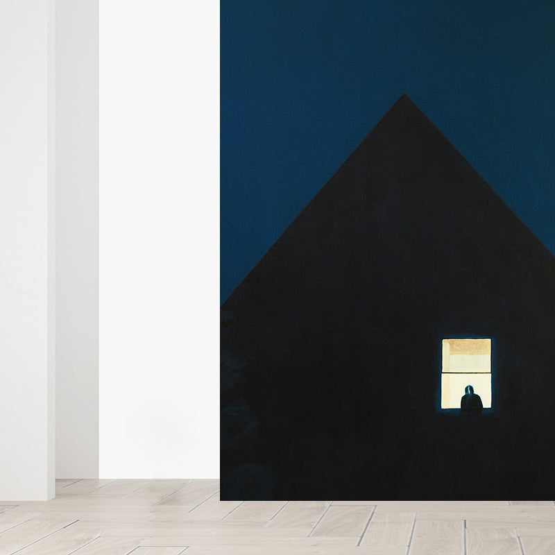 Modern Art Window Mural Non-Woven Stain Resistant Blue Wall Decor for Living Room
