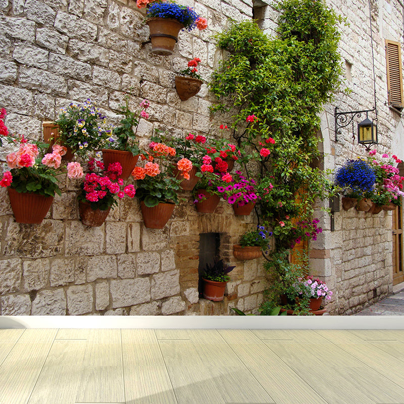 Contemporary Town and Flowers Mural Wallpaper Green Fancy Architecture Wall Covering