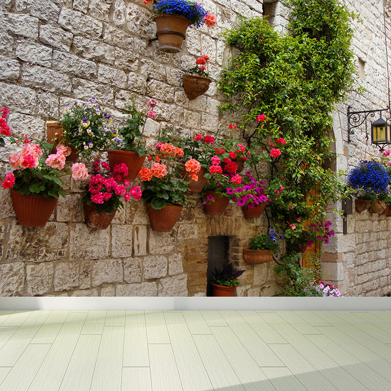 Contemporary Town and Flowers Mural Wallpaper Green Fancy Architecture Wall Covering