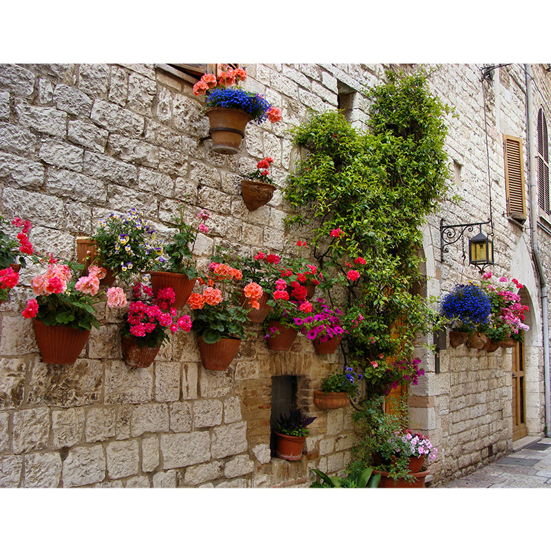 Contemporary Town and Flowers Mural Wallpaper Green Fancy Architecture Wall Covering