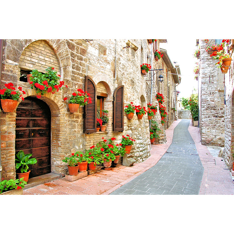 Modern Flowers and Building Mural Non-Woven Stain Resistant Red Wall Art for Living Room