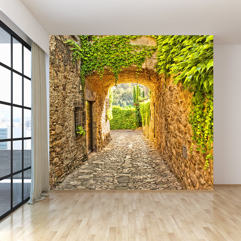 Contemporary Stone Building Wall Mural Green Decorative Wall Covering for Living Room